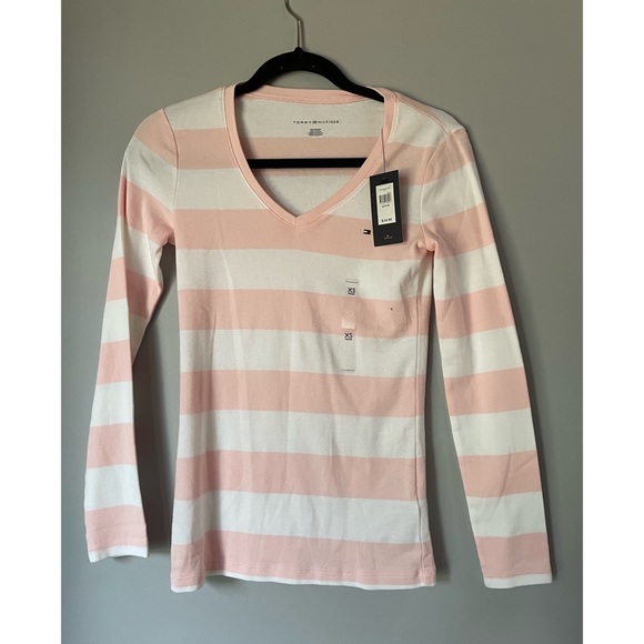 NWT Tommy Hilfiger Pink Striped V Neck Long Sleeve (XS) - Picture 6 of 9